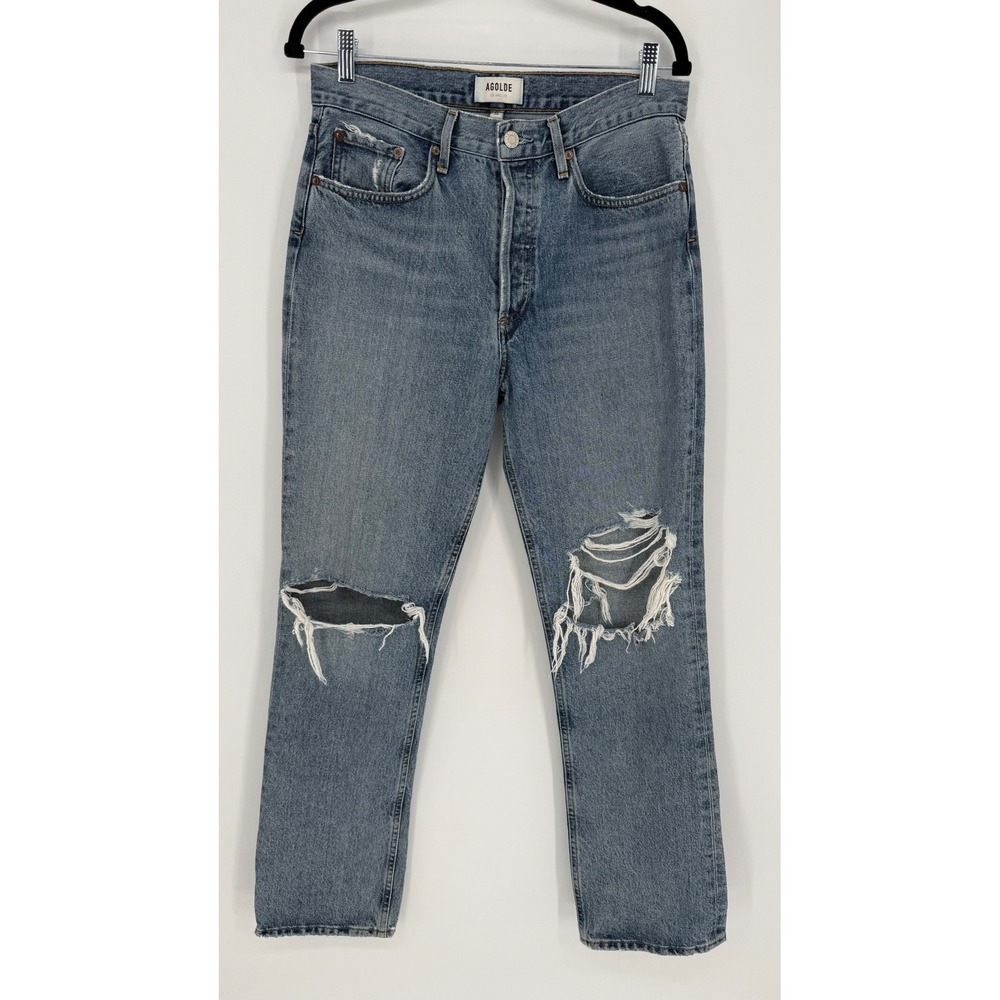 AGOLDE HIGH RISE STRAIGHT LEG MEDIUM WASH DISTRESSED JEANS SIZE 28